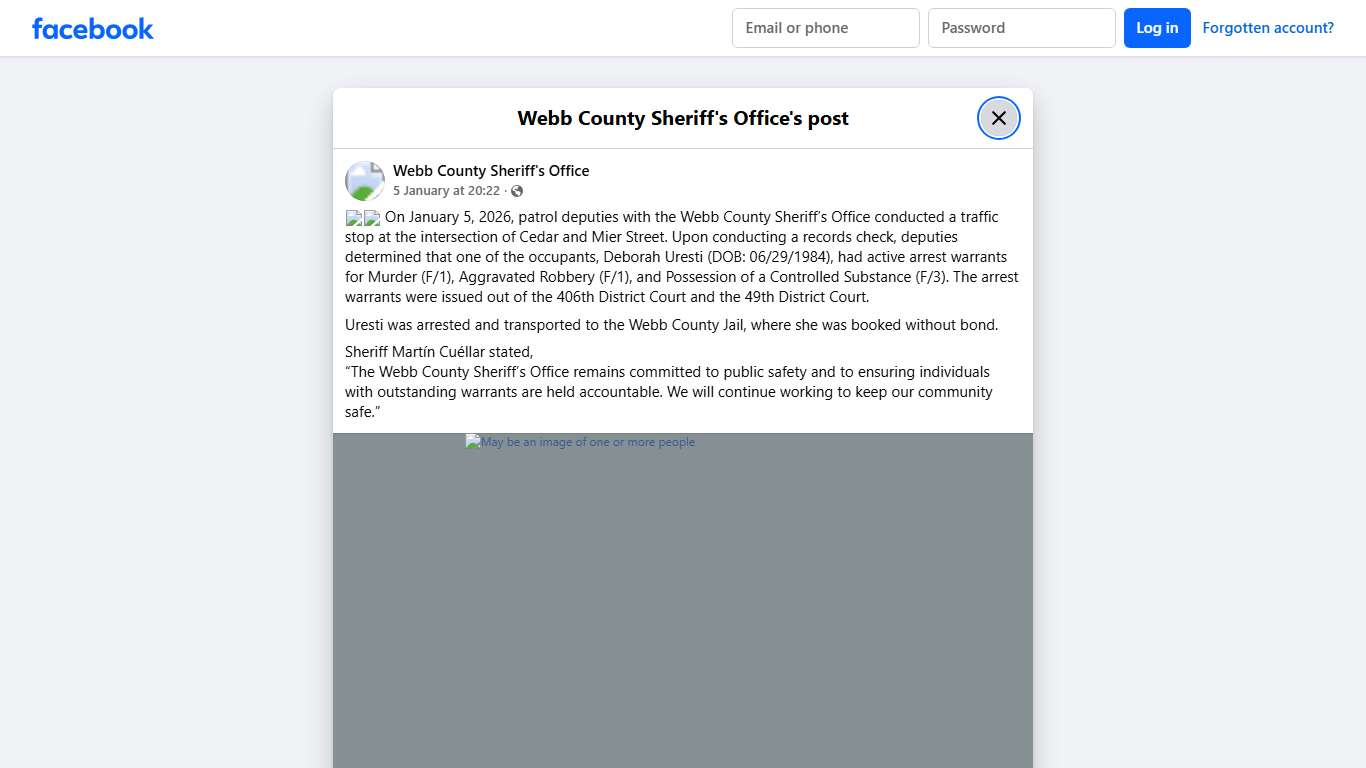 🚨🚨 On January 5, 2026,... - Webb County Sheriff's Office Facebook
